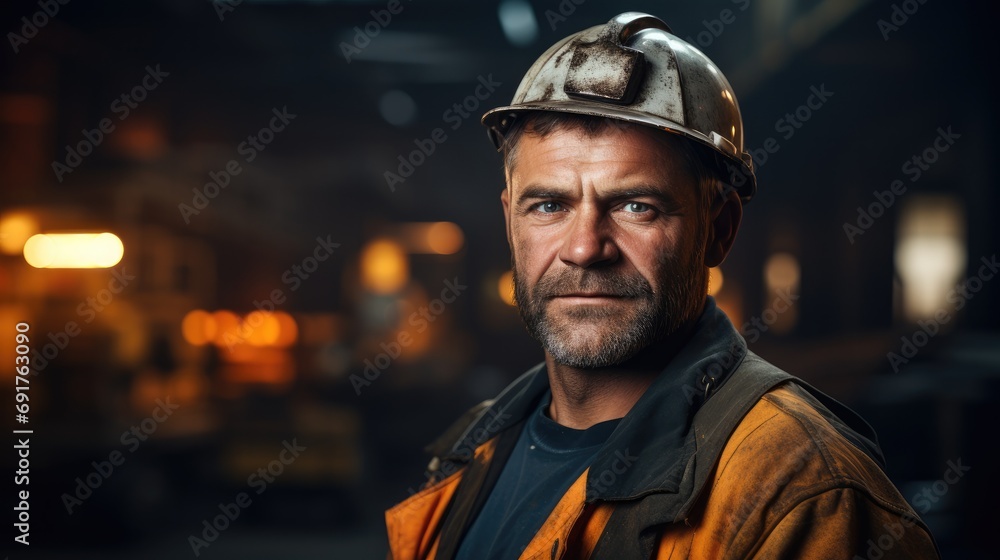 Portrait of labor worker on the isolated industrial background. Generative AI. Portrait of labor worker on the isolated industrial background. Generative AI.
