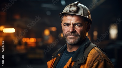 Portrait of labor worker on the isolated industrial background. Generative AI. © visoot