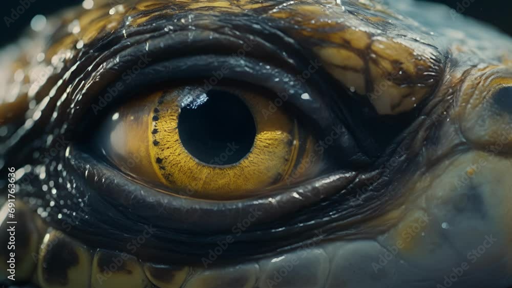 Closeup of a sea turtles dark eyes, framed by wrinkled skin, hinting at a lifetime of experiences and challenges faced in the everchanging sea. Closeup of a sea turtles dark eyes, framed by wrinkled skin, hinting at a lifetime of experiences and challenges faced in the everchanging sea.