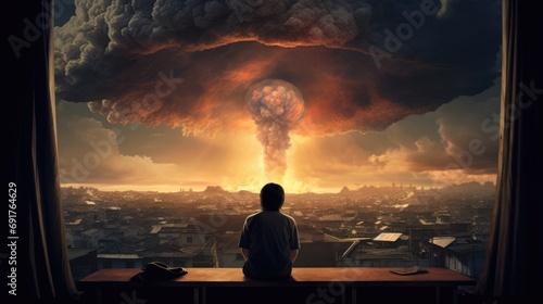 Child sitting by the window looking at the nuclear blast. Apocalyptic image. AI Generated photo