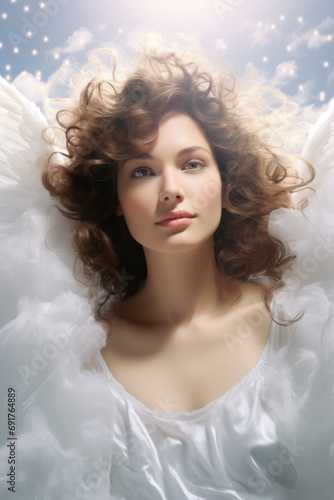 Pretty young woman with white angel wings in the clouds in heaven. AI Generated