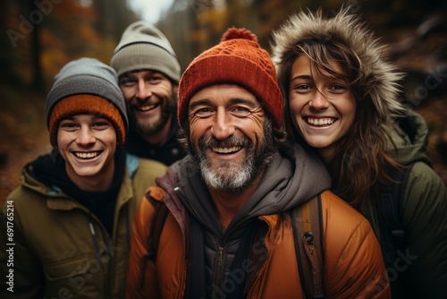 Multi-generation family with beaming smiles during a hike in the woods, Generative AI