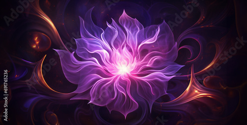 violet flower with purple swirling flames, abstract fractal background