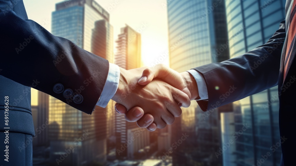 Businessmen handshake. Successful partners shaking hands. Business deal. City downtown with skyscrapers background. AI Generated