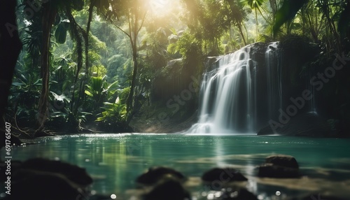 Sunlit Waterfall Cascading into Tranquil Pool in Lush Green Tropical Forest