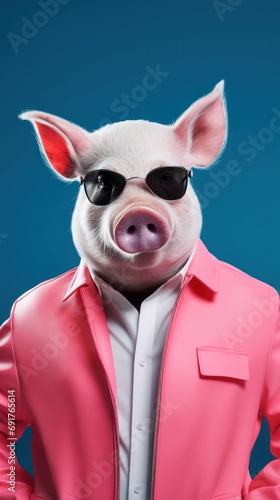 Portrait photorealistic of anthropomorphic fashion Pig isolated on solid blue background. Creative animal concept. 
