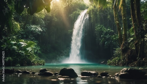 Majestic Waterfall Cascading into Serene Pool in Lush Green Tropical Forest Illuminated by Sunbeams, Tranquil Nature Scene