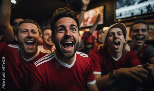 Sport fans party cheer and celebrating a winning tournament and watching TV in a sport bar, Celebrating their team's victory. Generative AI.