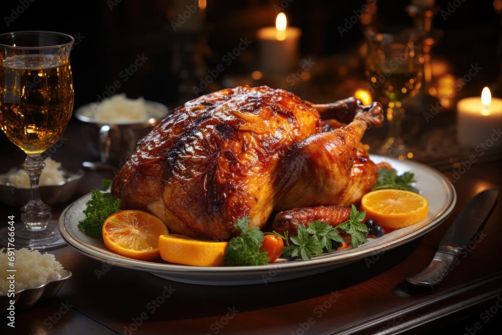 Christmas turkey dish. Traditional festive food for Xmas or Thanksgiving. AI Generated Christmas turkey dish. Traditional festive food for Xmas or Thanksgiving. AI Generated