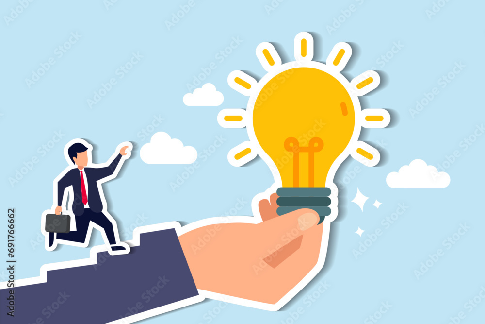Inspiration idea to inspire or motivate people to success, business innovation or creativity, solution or invention concept, businessman step on stair of big hand holding inspiring bright lightbulb. Inspiration idea to inspire or motivate people to success, business innovation or creativity, solution or invention concept, businessman step on stair of big hand holding inspiring bright lightbulb.