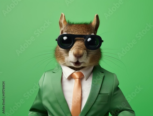 Portrait photorealistic of anthropomorphic fashion Squirrel isolated on solid green background. Creative animal concept. 