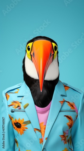 Portrait photorealistic of anthropomorphic fashion Toucan isolated on solid blue background. Creative animal concept.  photo