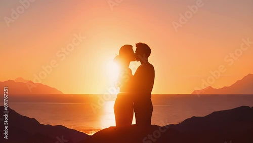 A sunset silhouette of a couple embracing while gazing at the horizon their love creating different dimensions Psychology emotions concept. photo