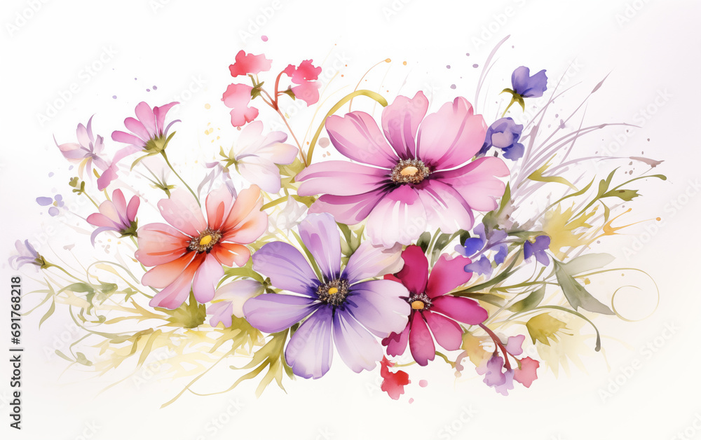 A bunch of beutiful wildflowers in watercolor style on white background.
