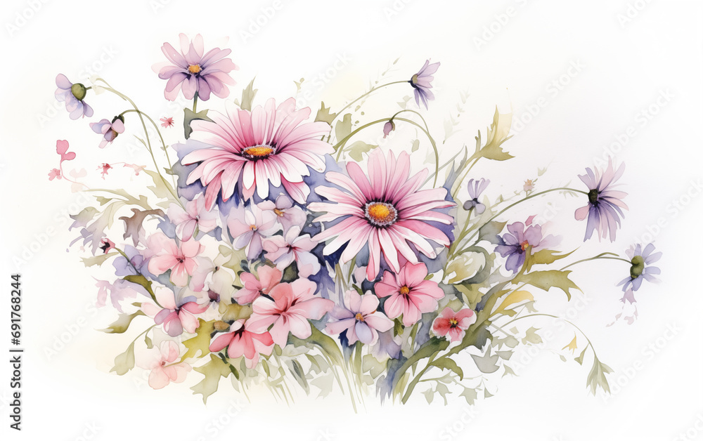 Obraz premium A bunch of beutiful wildflowers in watercolor style on white background. 