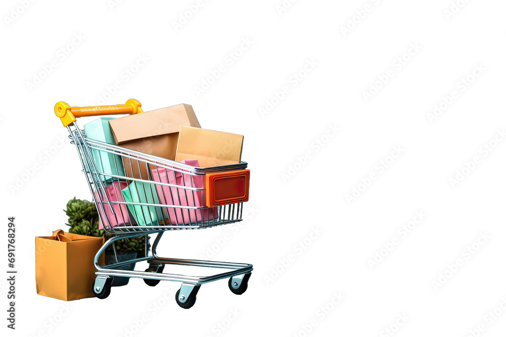 png packet fashion little present buy metal handle shop purchase client merchandise group market gift carry business box cardboard miniature colourful Small paper bags shopping cart blue background