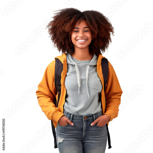 Young and happy Afro American female university student posing over white transparent background