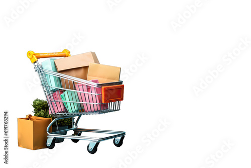 Obraz na płótnie png packet fashion little present buy metal handle shop purchase client merchandise group market gift carry business box cardboard miniature colourful Small paper bags shopping cart blue background w salonie