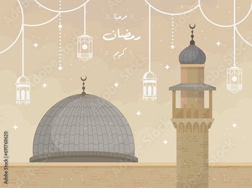 Ramadhan greetings with a beautiful mosque background