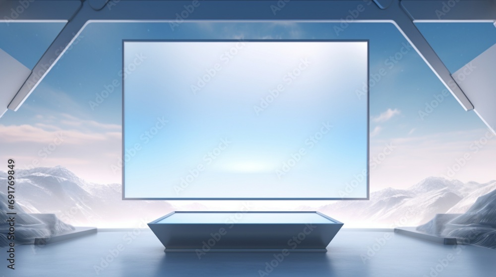 Fototapeta premium 3D Mockup podium poster fully empty Blank Frame, hanging on a cosmic-themed wall, 