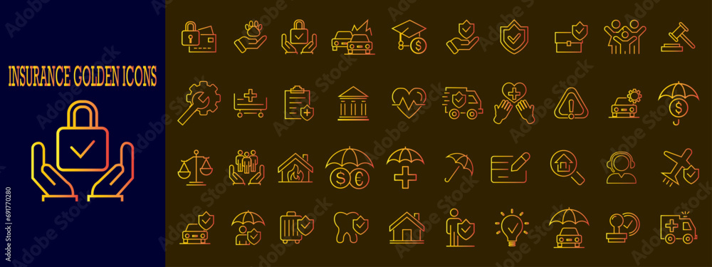 insurance golden icons. Outline icon collection.