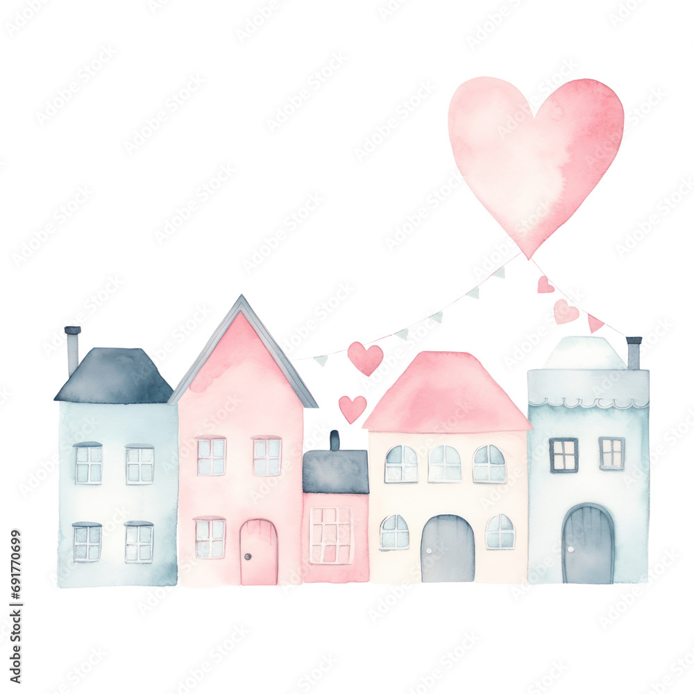 watercolor illustration of quirky house with heart balloons, Valentine concept.