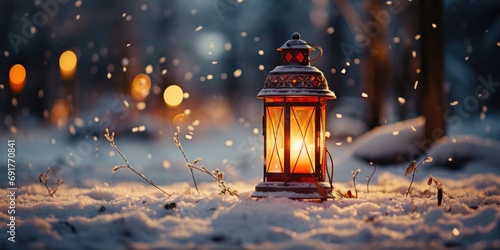 Beautiful Christmas season background. Abstract snowy ground with X-mas decorations, balls, lights, lanterns, snowman, village. Festive holiday cheer bokeh wallpaper.