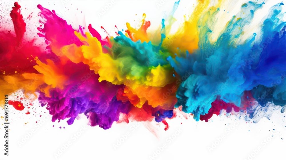 Fototapeta premium Paint Holi, colorful rainbow Holi paint splashes on isolated white background, explosion of colored powder. abstract background.