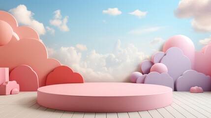 Background podium baby cute product 3d cloud kid children display banner room toy design blue. Podium scene boy background rainbow baby stand studio presentation shower template sale stage poster sky