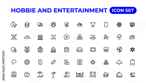 Set of outline hobbies and entertainment icons.Thin outline icons pack.