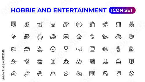 Set of outline hobbies and entertainment icons.Thin outline icons pack.