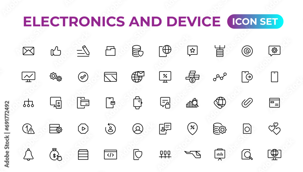 Electronics and device lines icon set. Electronic devices and gadgets, computer, equipment and electronics. Computer monitor, smartphone, tablet and laptop sumbol collection. Electronics and device lines icon set. Electronic devices and gadgets, computer, equipment and electronics. Computer monitor, smartphone, tablet and laptop sumbol collection.