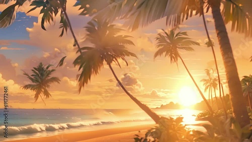 With suns rays filtering through palm fronds, beach glimmers with flecks gold, adding magical ambiance this tropical island sunset. stream overlay animation photo