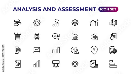 Analysis and assessment line icons collection.Thin outline icons pack.