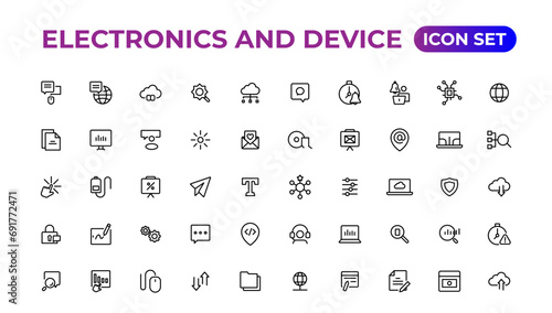 Electronics and device lines icon set. Electronic devices and gadgets, computer, equipment and electronics. Computer monitor, smartphone, tablet and laptop sumbol collection.