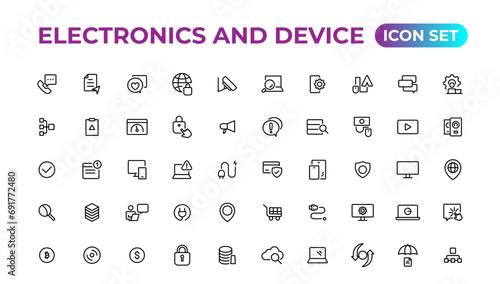 Electronics and device lines icon set. Electronic devices and gadgets, computer, equipment and electronics. Computer monitor, smartphone, tablet and laptop sumbol collection.