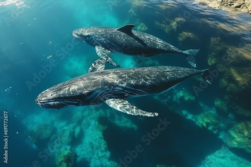 Generative AI Image of a Pair of Whales Animal Swimming in the Sea