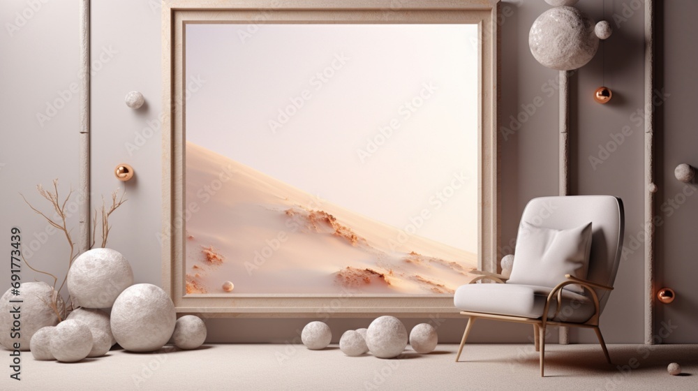 Obraz premium 3D Mockup poster empty Blank Frame, hanging on a cosmic-inspired abstract wall adorned with stones, dry fruits, a vase, and a chair, above a celestial modern display room