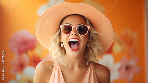 Beautiful young girl wearing sunglasses and a hat was Surprised and excited, opening her eyes and mouth. Isolated on solid light color background.