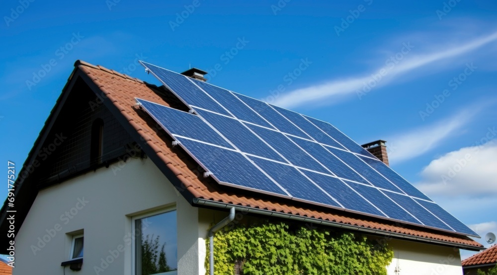 Solar panel cells system on roof, sustainable energy alternative