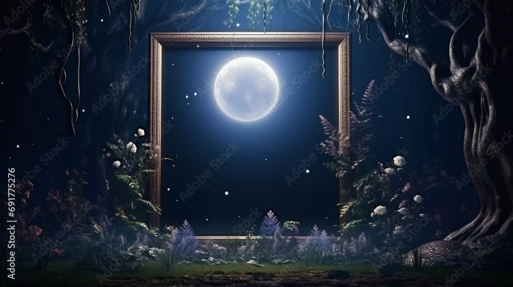 Obraz premium 3D Mockup poster empty Blank Frame, hanging on a moonlit night sky wall, above a mystical midnight garden-themed display room