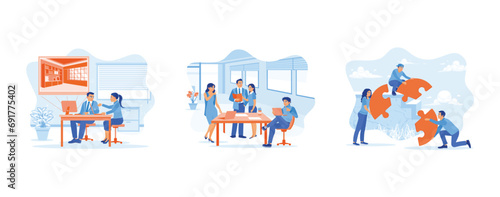 Solar panel installation concept, Installing solar modules. Scene with professional team and panels, set flat vector modern illustration