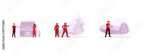 Various occupations people concept. A mechanic performs a check. Firefighters in full uniform. Young farmer wearing hat and boots. Set Trend Modern vector flat illustration