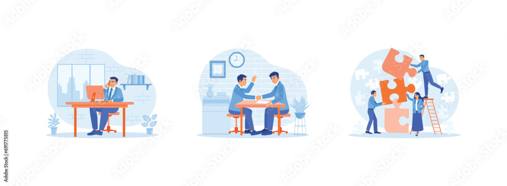 Fototapeta premium Employee Making concept. A businessman is making a call with a client and congratulating new partners. Discuss and create new business work projects. Set Trend Modern vector flat illustration
