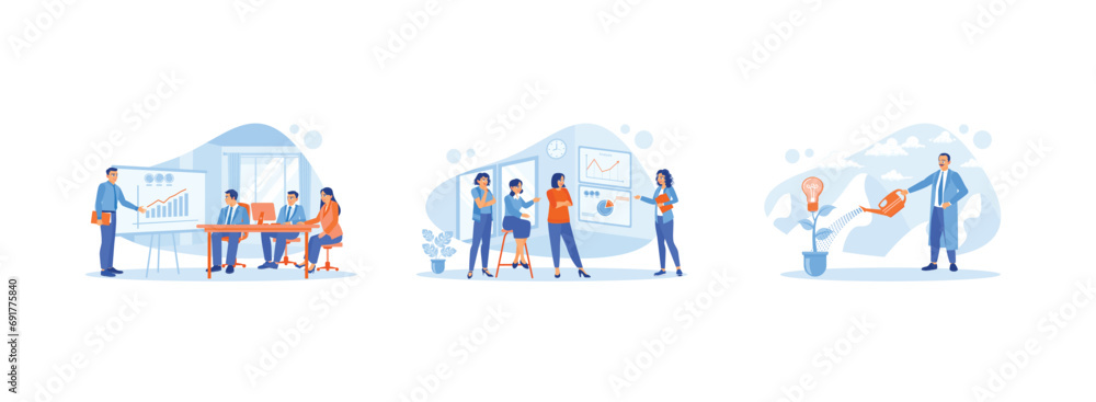 Growth Analysis concept. Hold presentations with colleagues in the meeting room. Analyze graphs, statistics and office financial data. Career growth. Set Trend Modern vector flat illustration