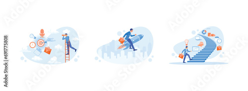 Career Development concept. Standing on the stairs looking using a telescope. Businessman with rocket jet. Business ideas along the stairs. Set Trend Modern vector flat illustration photo