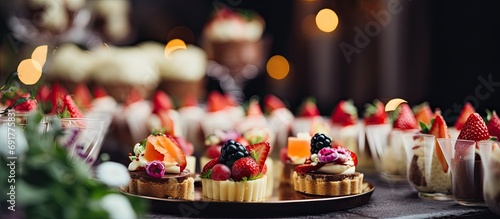 Mini canapes, delicious desserts, and appetizers beautifully decorate the banquet table for a wedding celebration.