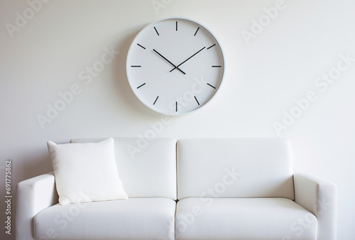 Wall clock above the minimalist sofa. Ai generated Images