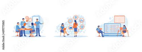 Discuss Information concept. We were discussing business ideas and looking for solutions. Server rack cabinet. Brainstorming and programming on a laptop computer. 