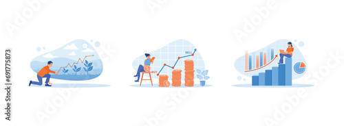 Growth Analysis concept. Man observes plant growth using a growth chart. A young woman sits on a chair, holding coins and a mobile phone. Analyze business growth.